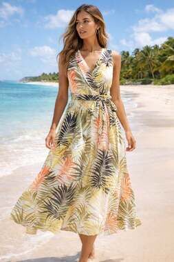 Donna Ricco Tropical Palm Maxi Dress Sleeveless Wrap Front Belted Size 10